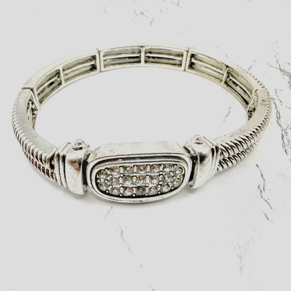 Silver Tone Rhinestone Oval Stretch Bracelet Expansion Link 7 Inch